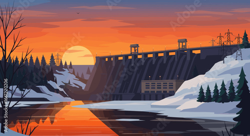 Sunset over winter dam landscape with calm reflection and snowy trees