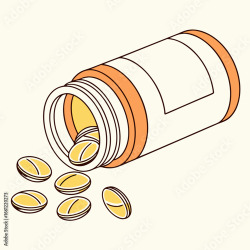 Orange Pill Bottle Spilling Yellow Pills Onto a White Background