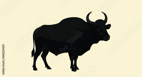 A detailed illustration of a large, muscular black gaur, also known as an Indian bison, standing in profile.
