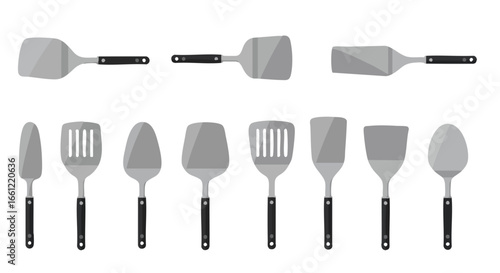 Collection of various kitchen spatulas and turners, including solid and slotted designs, shown in a flat vector illustration style on a white background.
