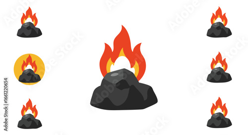 A collection of burning coal icons, with a large central graphic and smaller surrounding variations on a white background.