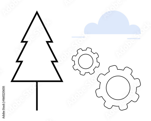 Tree, two gears, and a cloud illustrating harmony between nature and innovation. Ideal for sustainability, environment, technology, balance, growth, ecology minimalism simple landing page