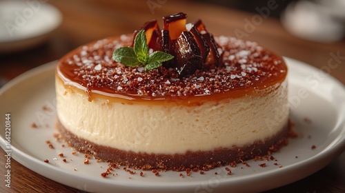 Luxurious dessert of salted caramel cheesecake topped with a glossy caramel glaze sprinkled with flaky sea salt and garnished with caramel shards set on a rustic wooden table