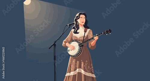 Banjo player in a vintage gown with intricate floral details on stage