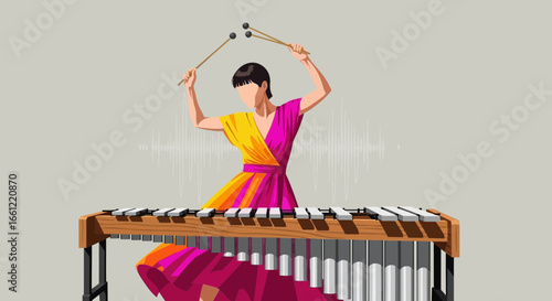Artistic depiction of a xylophone player surrounded by musical vibes