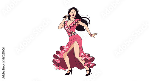 Captivating performer singing with passion in a vibrant dress illustration