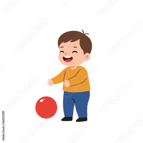 A cheerful small child giggling happily while playing with a bright red ball, rendered as a 2D flat vector illustration with minimalist, clean lines and solid colors, isolated on white.