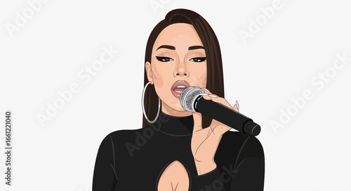Cartoon female singer holding microphone performing with confidence style