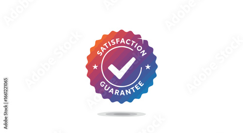 Colorful satisfaction guarantee badge with a checkmark, representing quality assurance and customer trust on a white background.