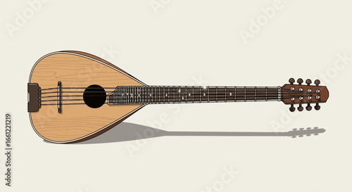 Detailed illustration of a vintage mandolin with a distinctive design