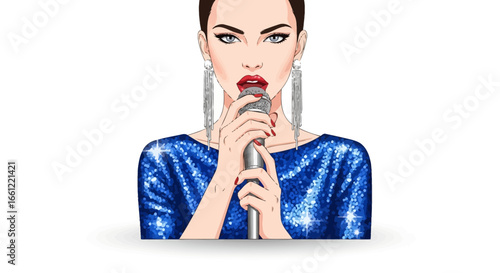 Elegant diva with microphone in sparkling blue dress and striking earrings