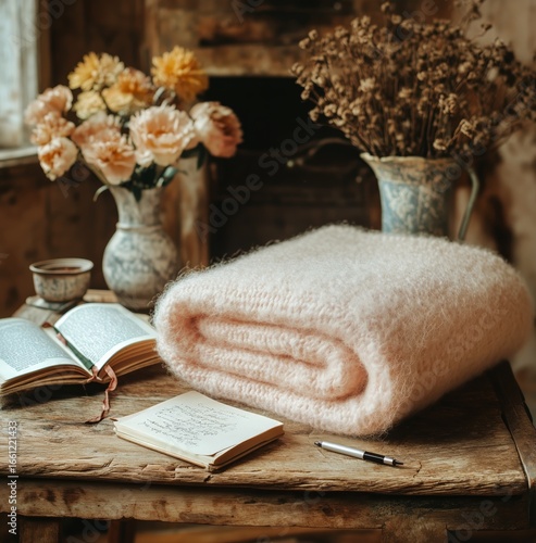Cozy Indoor Setting With Books and a Soft Blanket on a Rustic Wooden Table Ne...
