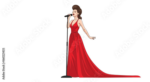 Elegant female vocalist in a red gown performing with expressionistic style