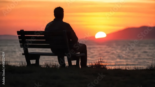 Silhouette of a man on the beach sitting on a wooden bench at sunset