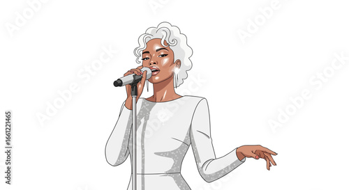 Elegant female vocalist performing gracefully on stage with a microphone