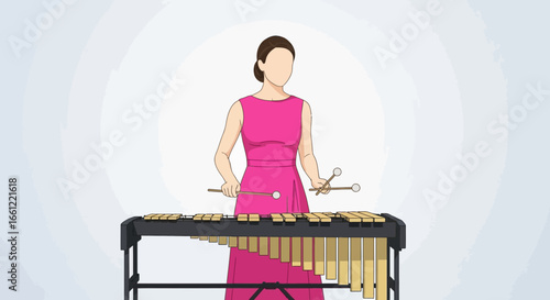 Elegant performer playing xylophone with grace and precision in pink dress
