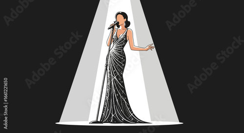 Elegant spotlight singer in glamorous dress performing on stage illustration