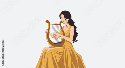 Elegant woman playing lyre in a golden dress, serene musical art
