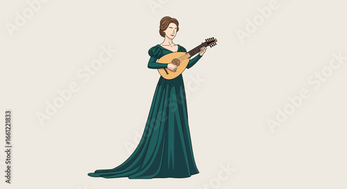 Elegant woman serenading with medieval lute, musical artistry vector design