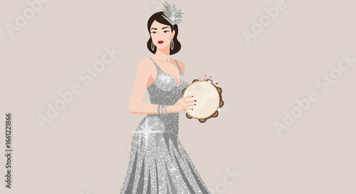 Elegantly dressed vintage woman plays the tambourine with retro style