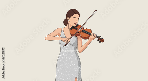 Enchanting violinist in elegant gown playing a mesmerizing melody solo