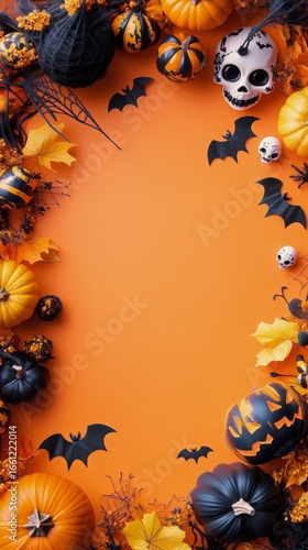 Festive Autumn Arrangement With Pumpkins Bats and Skulls on Vibrant Orange Ba...