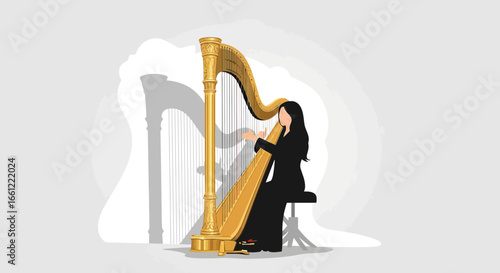 Golden harpist illustration in a minimalist art style environment