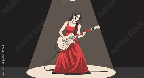 Graceful guitarist performing on stage highlighted by a spotlight, illustration