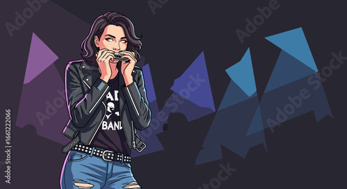 Harmonica melody with a youthful vibe and polygonal background elements
