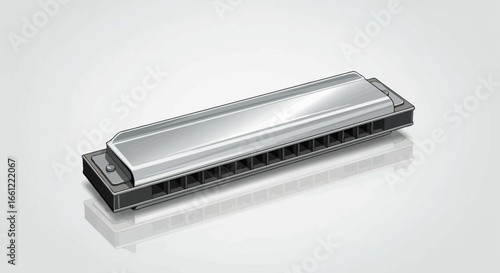 Harmonica illustration presented on a simple reflective surface scene
