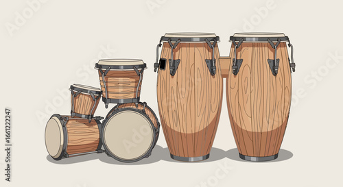 Illustration of a set of bongo and conga drums on a neutral background