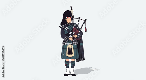 Illustration of scottish bagpiper with kilt and traditional uniform attire