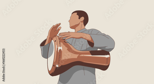 Illustrative man plays darbuka music rhythmically for artistic concepts