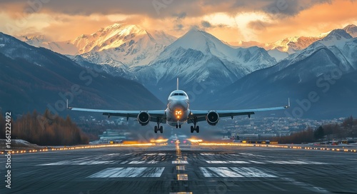 Airplane Landing on Runway at Sunset With Mountains in the Background