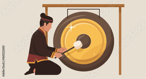 Man in traditional costume playing the ceremonial gong with mallet illustration
