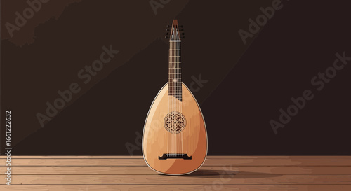Lute, an Antique Musical Instrument, Sitting on a Wooden Surface