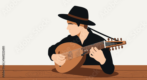 Musician Playing Lute on Wooden Table with Flat Design Style Illustration