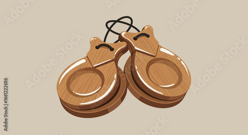 Pair of Wooden Castanets with Black Cords for Percussion Performance