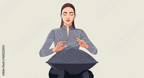 Serene woman playing handpan instrument creating rhythmic musical sound
