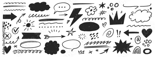 Highlight bubble speech set. Hand drawn crayon speech bubble, chalk highlight, marker arrow element for comic text and notes. Doodle sketch decoration heart, cloud frame. Vector illustration