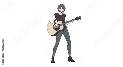 Stylish cartoon woman confidently strumming an acoustic guitar performance
