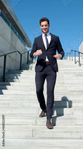A young adult male professional in a sharp dark suit joyfully dances down a wide concrete staircase in a sleek modern urban environment against an azure sky, with a beaming smile and triumphant leap.