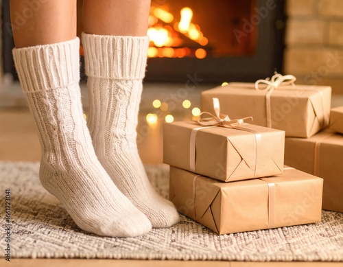 Feet in warm knitted socks by the fireplace with gifts. A scene of Christmas relaxation and coziness. Generated image