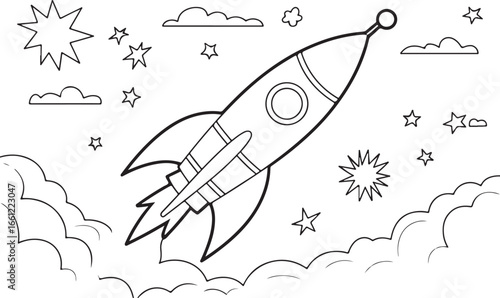 Space Rocket Launch with Flames and Clouds, Adventure Line Art Drawing