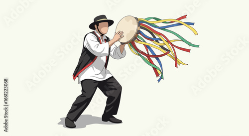Traditional tambourine player with vibrant colorful ribbons in a festive celebration