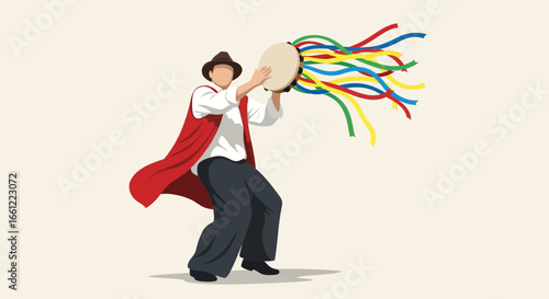 Traditional performer with a tambourine adorned with vibrant flowing ribbons