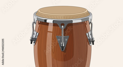 A detailed cartoon illustration of a conga drum against a plain backdrop