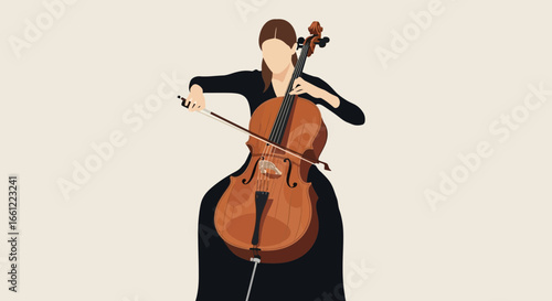 A stylized illustration of a woman playing cello with refined flat design
