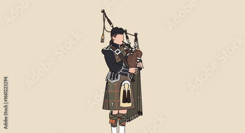 Animated Bagpiper Illustration in Traditional Highland Dress Ensemble