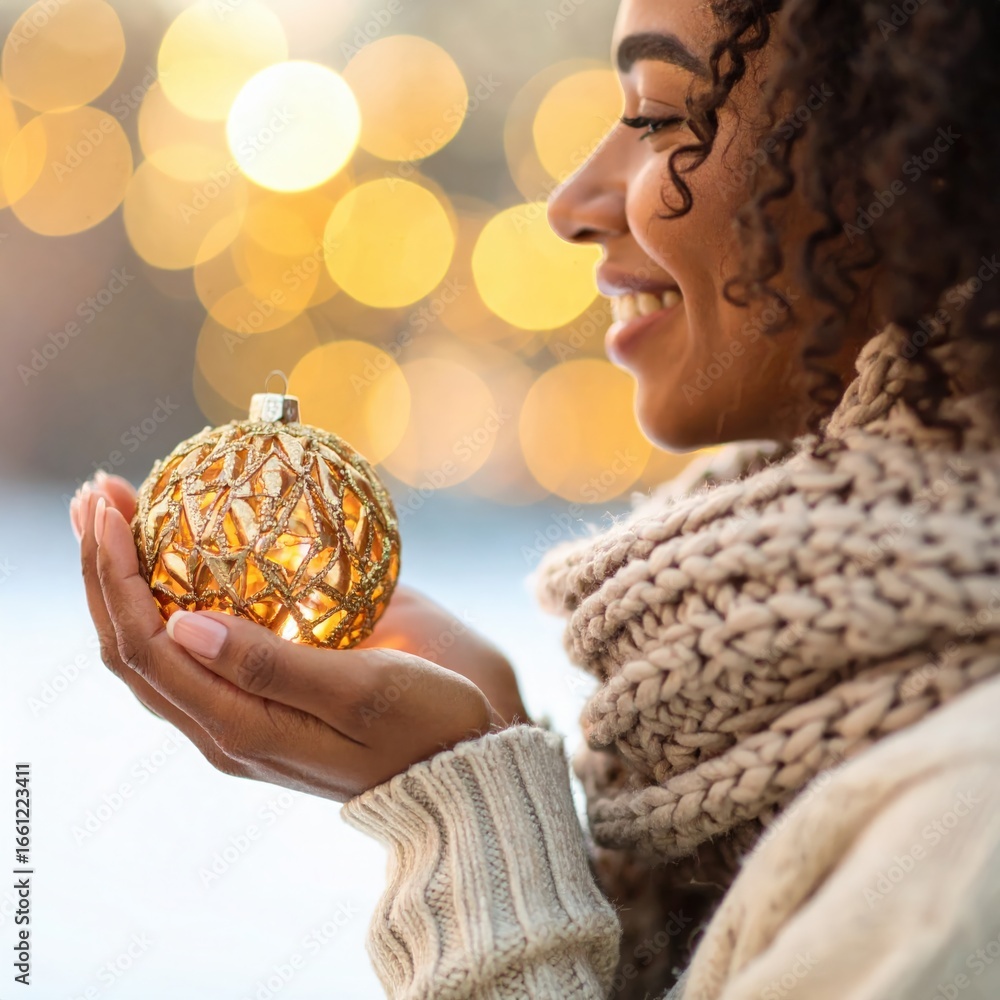 Naklejka premium A joyful woman in a knit sweater holding a golden Christmas bauble with sparkling bokeh lights in the background. Festive happiness captured in a holiday glow. Generated image